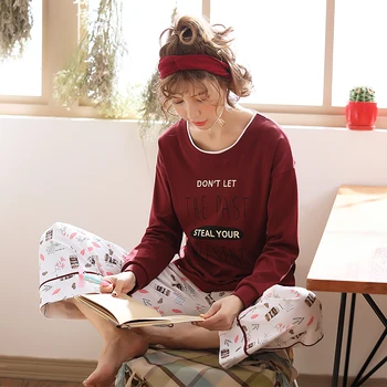 

100% Cotton Pajamas Sets For Women Autumn Winter Long Sleeve O-neck Pyjama Soft Comfortable Pijama Homewear Lounge Home Clothing