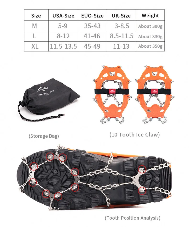 Naturehike Outdoor Crampons 10 / 25 teeth Stainless Steel Snow Non-Slip Mountaineering Snow Claw Shoe Covers Outdoor Equipment • FISHISHERE