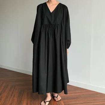 

Loose Women Maxi Dresses V-neck Solid Female Vestido Autumn Boho Dress Spring Black Plus Size Korean Style Robe Femme Lady Dress