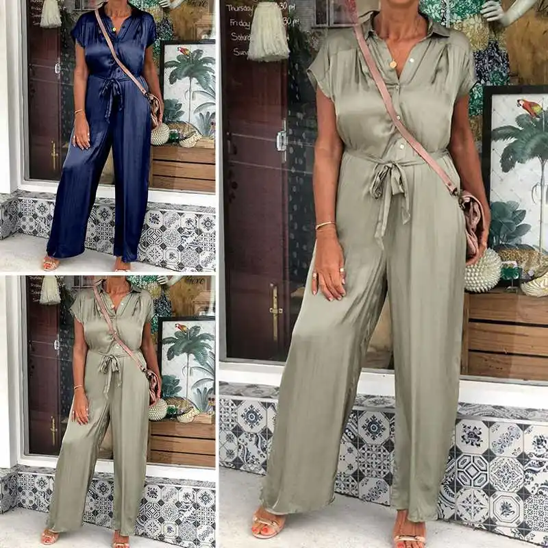 Celmia Women Elegant Long Jumpsuits Satin Rompers 2020 Summer Lapel Short Sleeve Solid Belted Plus Size Overalls Casual Playsuit Celmia Women Elegant Long Jumpsuits Satin Rompers 2020 Summer Lapel Short Sleeve Solid Belted Plus Size Overalls Casual Playsuit