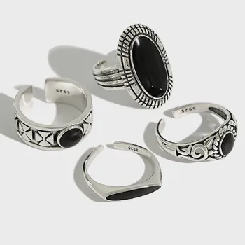 

925 Sterling Silver Retro Black Drop Glaze Open Rings For Women Personality Handmade Vintage Fine Jewelry Flyleaf