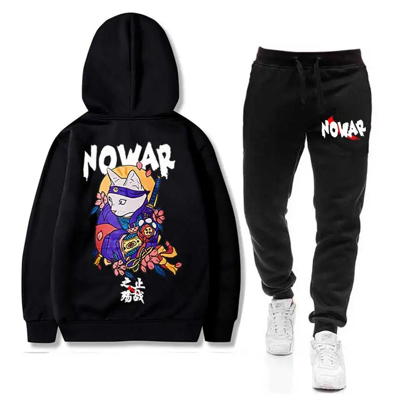 Черный Японские NOWAR CAT мужские комплекты толстовка+ брюки Harajuku Тигр спортивные костюмы повседневные толстовки спортивный костюм спортивная одежда - Цвет: Черный