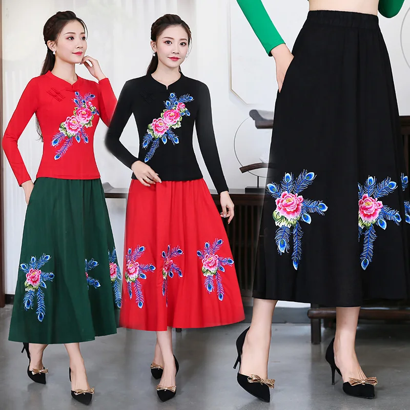 KYQIAO faldas mujer moda этнические юбки женские Осень дизайн Длинная зеленая черная красная юбка миди с вышивкой