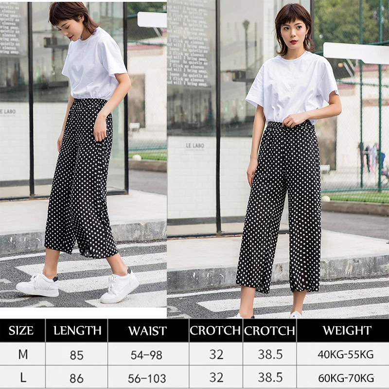 

2019 Women's New Loose Chiffon Casual Pants Radish Trousers Feet Nine Points Wide Leg Pants Women Mid Waist Wide Leg Dot
