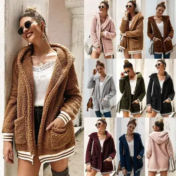 

Faux Fur Coat Women Hooded Winter Casual Coat Lady Autumn Pockets Plus Size Fur Jacket Female Fleece Fluffy Overcoat Outwear