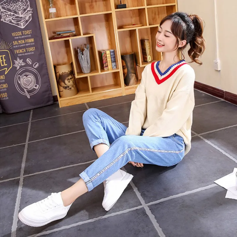 Женские джинсы повседневные Стрейчевые брюки с высокой талией светло-голубые большие размеры милые свободные джинсовые пуговицы потертые джинсовые штаны-шаровары NS