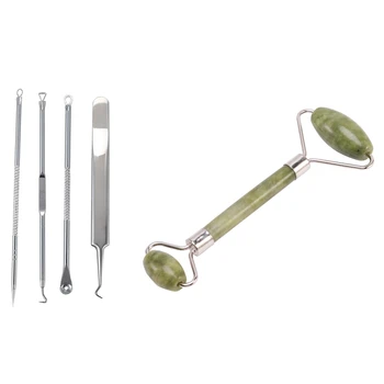 

4Pcs Stainless Blackhead Acne Facial Pimple Spotting (M) & 2 in 1 Jade Massage Stick Jade Roller Scraping Set