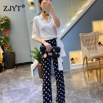 

High Fashion Summer Pants Two Piece Set Women 2020 New Designer Elegant Lady Outfits Bandage White Blouse Dot Pants Suit Sets