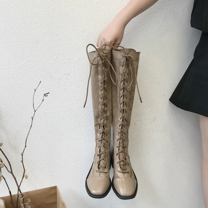 2019 women's knee-high boots fashion black lace up autumn shoes slim stretch fabric rubber sole solid female long high boot