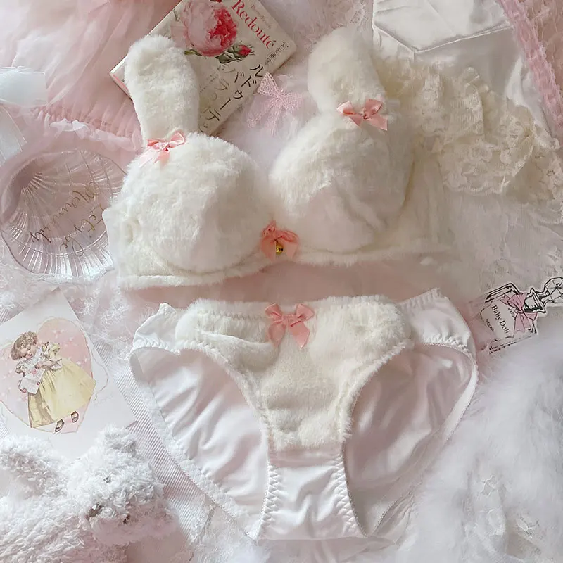 Soft Girl Sexy Cute Bow Plush Rabbit Ear Push Up Underwire Bra & Panties Sweet Lolita Kawaii Large Size Lingerie Underwear Set sexy bra and panty set Bra & Brief Sets