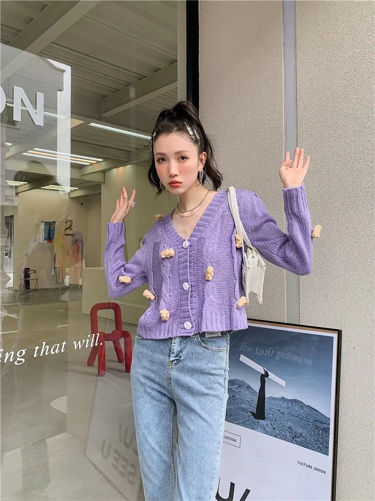 Gloria&ampGrace V Neck Vintage Purple Bear Original Design Casual Preppy Style Wool Knitting Oversize Loose TOP Sweater Cardigan |