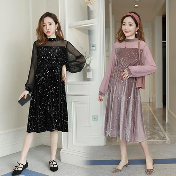 

Maternity dress in large size with golden velvet mesh