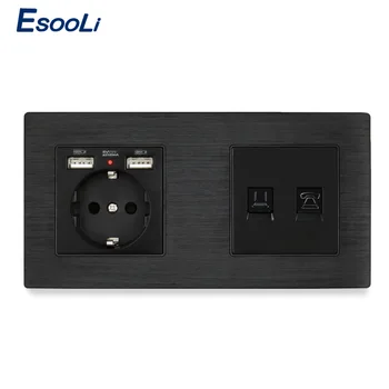 

Esooli Aluminum Panel EU Socket with 2 USB+RJ11 Telephone Jack With RJ45 Data Computer Internet Connector Wall Socket