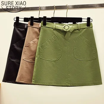

Faldas mujer moda 2019 high waist skirt harajuku korean leather skirt green skirts women mini skirt solid Pocket belt 7487 50