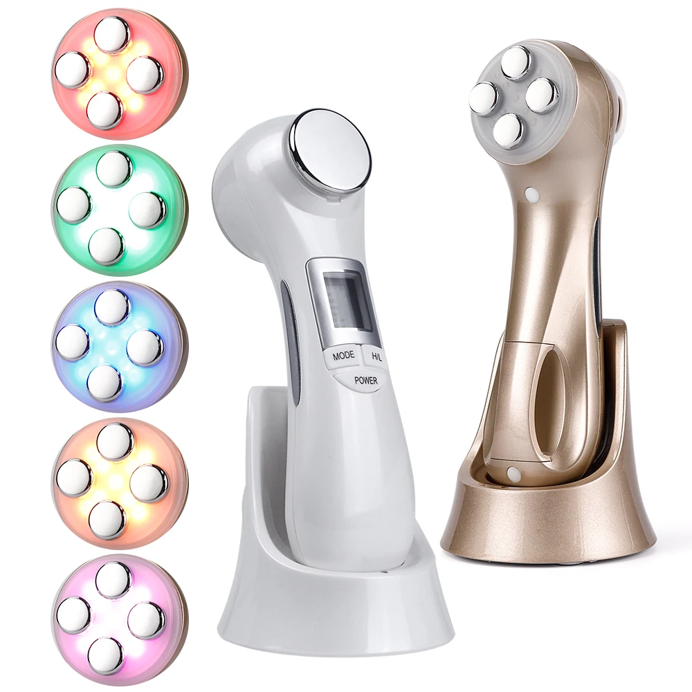 Günstige 6 in 1 LED RF Photon Therapie Gesichts Haut Lifting Verjüngung Vibration Gerät Maschine EMS Ionen Mikrostrom Mesotherapie Massager