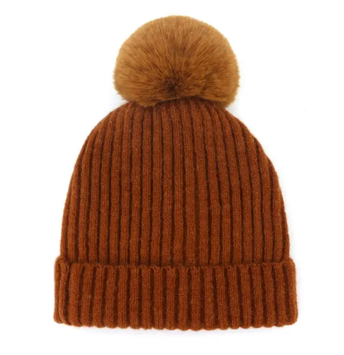 New Lady Casual Wool Beanies Thick Warm Knitted Hat Curled Striped Faux Fur Pom pom Skullies Bone Gorros
