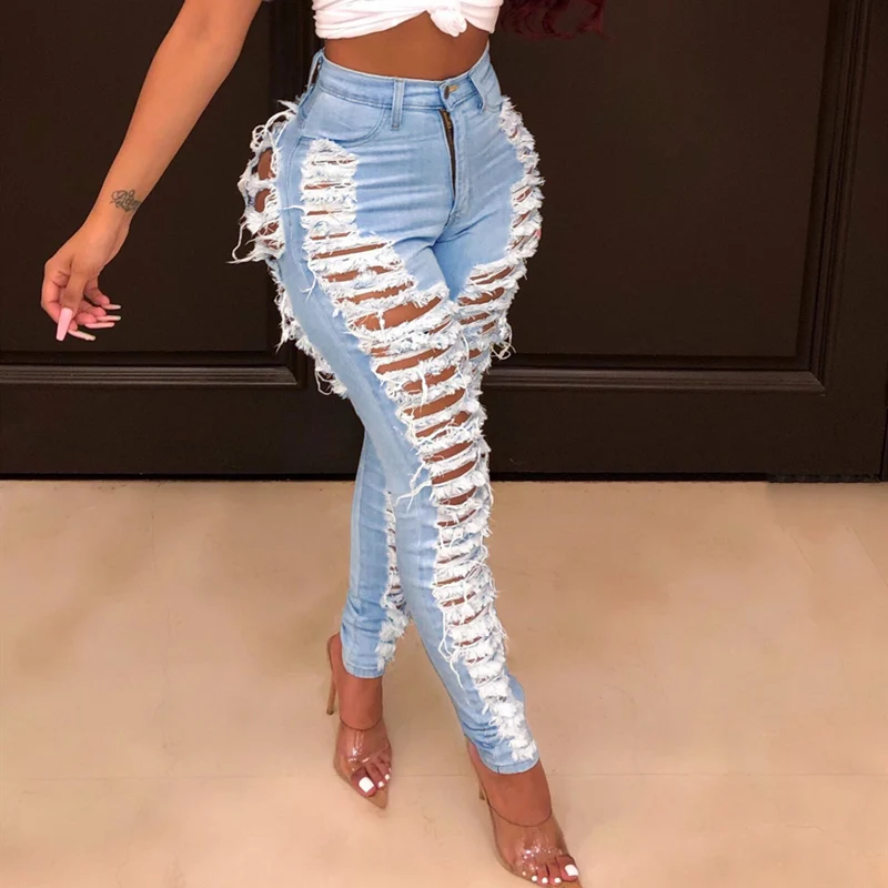 

Ripped Holes Solid Color Jeans Mujer 2020 Fashion High Waist Women Distressed Skinny Denim Pants Trousers Streetwear