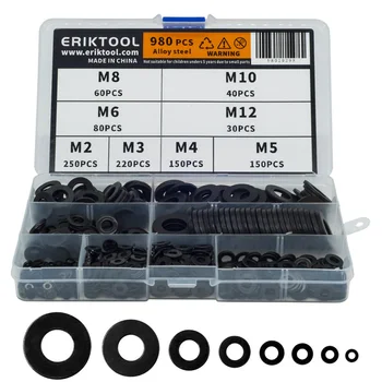 

980pcs M2 M3 M4 M5 M6 M8 M10 M12 Alloy Steel Washers Carbon Steel Washers Assortment Kit with Storage Box