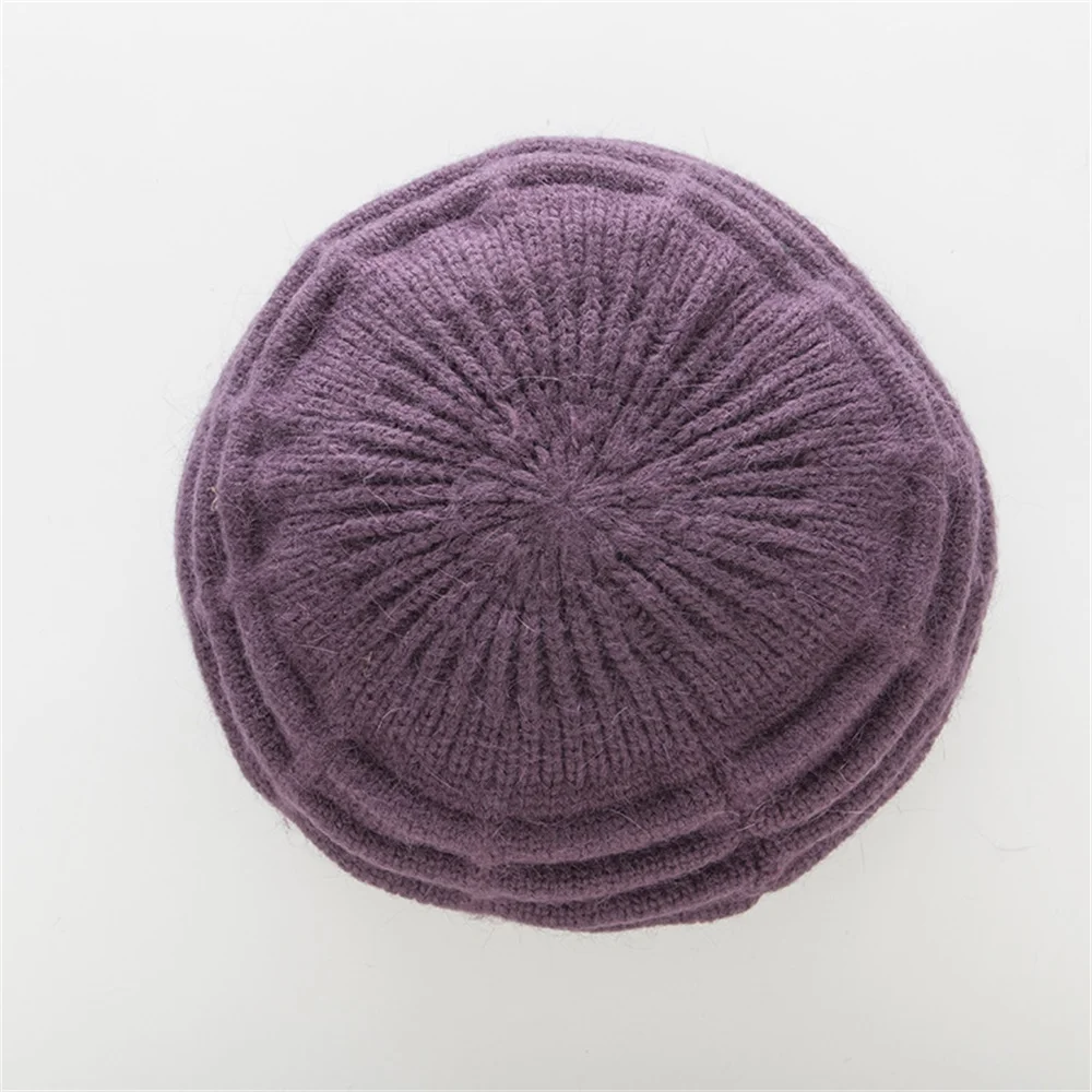 BEFORW New Knitted Warm Winter Wool Hats For Women Classic French Plus Velvet Beret Jacquard Casual Caps - Цвет: Фиолетовый