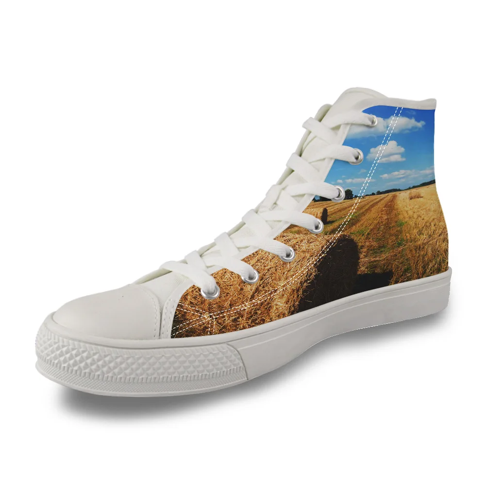 

Farm Autumn Blue Sky White Cloud Trees American Country Style High Top White Canvas Vulcanized Breathable Shoes