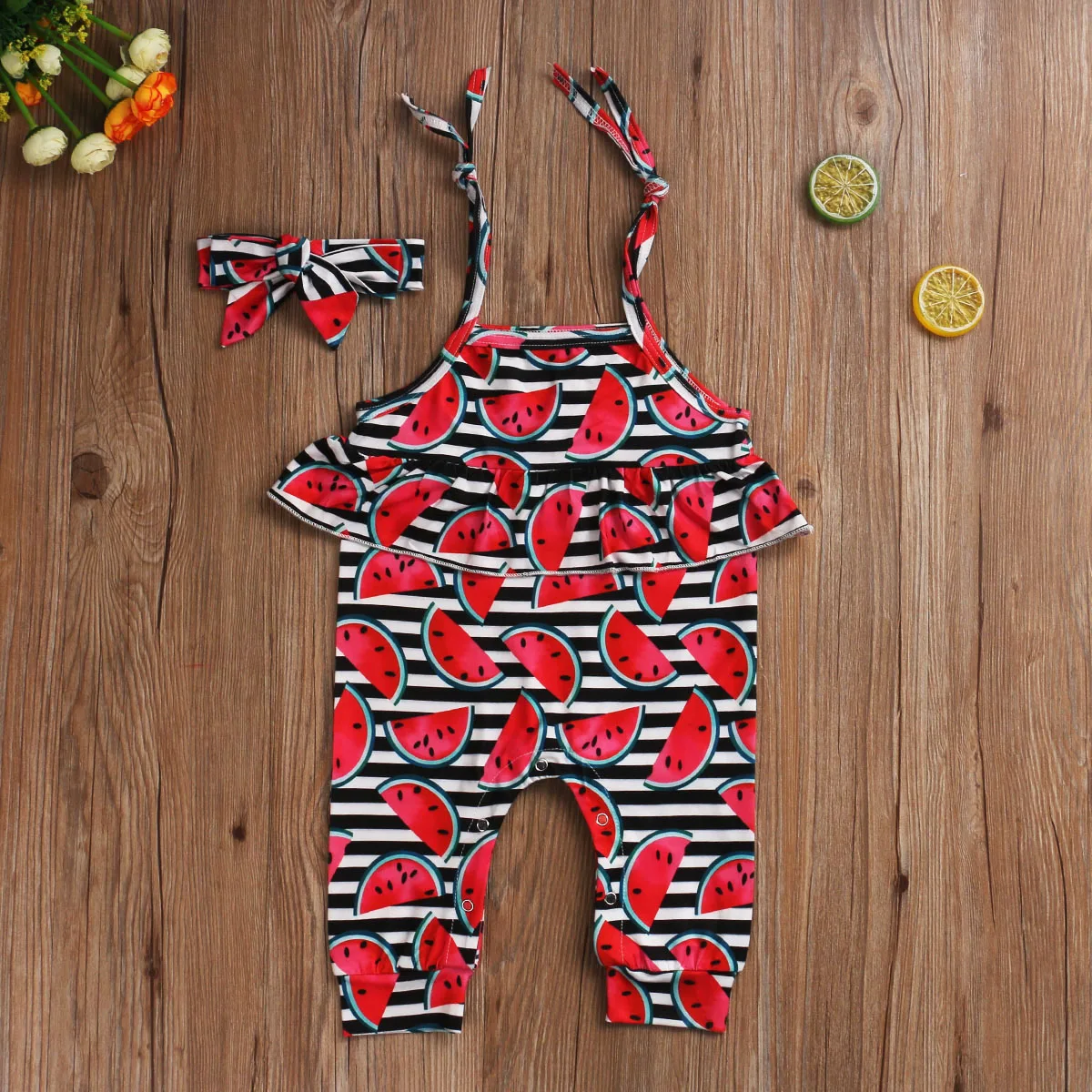 

Baby Girls Summer Fashion Casual Watermelon Print Striped Sleeveless Sling Jumpsuit +headband Newborn 2PCS Outfits Set