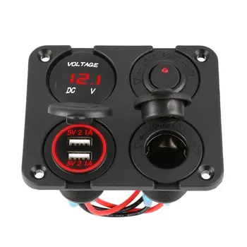 듀얼 USB 포트 차량용 충전기, LED 전압계, 12-24V 전원 소켓, 온 오프 스위치, 자동차 해양 보트 LED 스위치 패널, 4 in 1