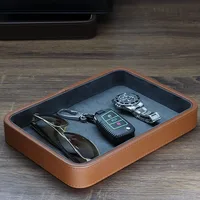 Vintage Genuine Leather Storage Tray Jewelry Cosmetic Display Plate Luxury Living Room Desktop Keys Coins Watch Sundries Decor 1