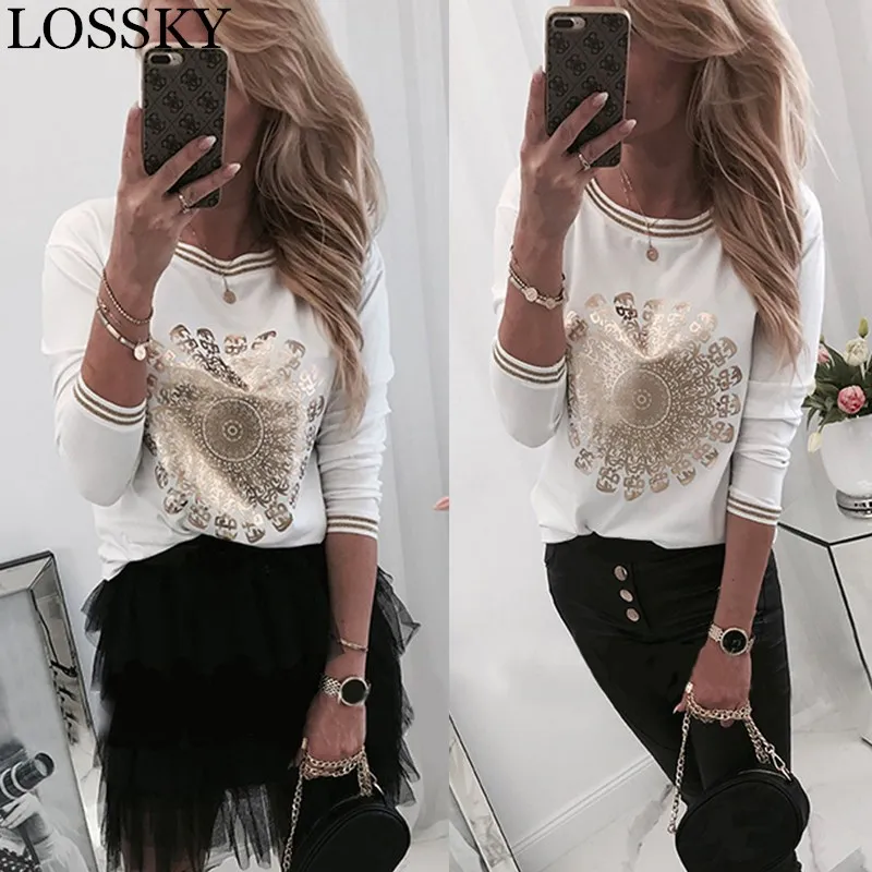 Autumn Spring Slim T Shirt Women Gold Pattern Print Round Neck Long Sleeve Femme Harajuku Korean Streetwear T-shirt White Tops