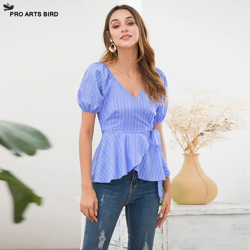 

Lantern Short-sleeved Cross V-neck Europe And America Wild Striped Shirt 2019 New Women Sexy Slim Shirt