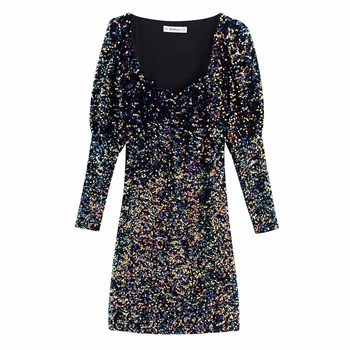 

Autumn 2019 women's new V-Neck long sleeve color contrast stitching beads with embroidery dress beads with velvet dress