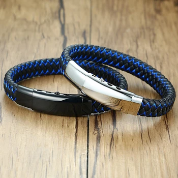 

Men's Braid Leather Bracelet Blue and Black Color Wave Wristbands Adjustable Length 21cm/ 21.5cm /22.5cm/23cm