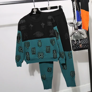 

Color Block Knitted Sets for Women Autumn Winter Embroidery Sweater Top + Casual Long Trousers Two Piece Set Knitted Tracksuit