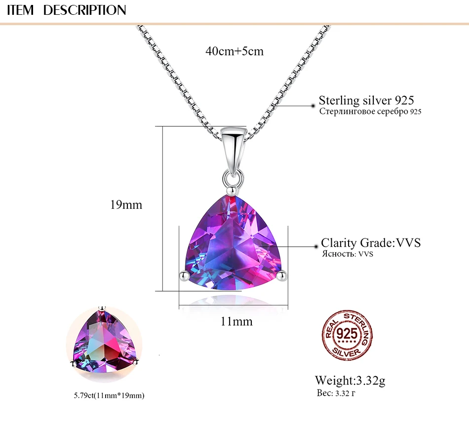 LUOTEEMI ожерелье из стерлингового серебра 925 5.79ct(11 мм* 11 мм) мистический треугольник вогнутой формы многоцветная популярная модная