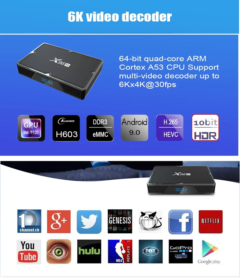 Smart Android tv BOX 6K 4K HD 3D 4G RAM64GB X96H wifi Android 9,0 tv BOX VS X96mini X96max