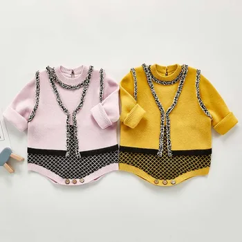 

Baby Girls Knitted Bodysuits Set Newborn Autumn Winter Girls Outfits Plaid Jumpsuits Fashion Knitted Children Sweaters Clothes