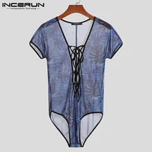 INCERUN 2021 Men Bodysuit V Neck Mesh See Through Homewear Printed Lace Up Short Sleeve Sexy Underwear Bodysuits Rompers S-5XL