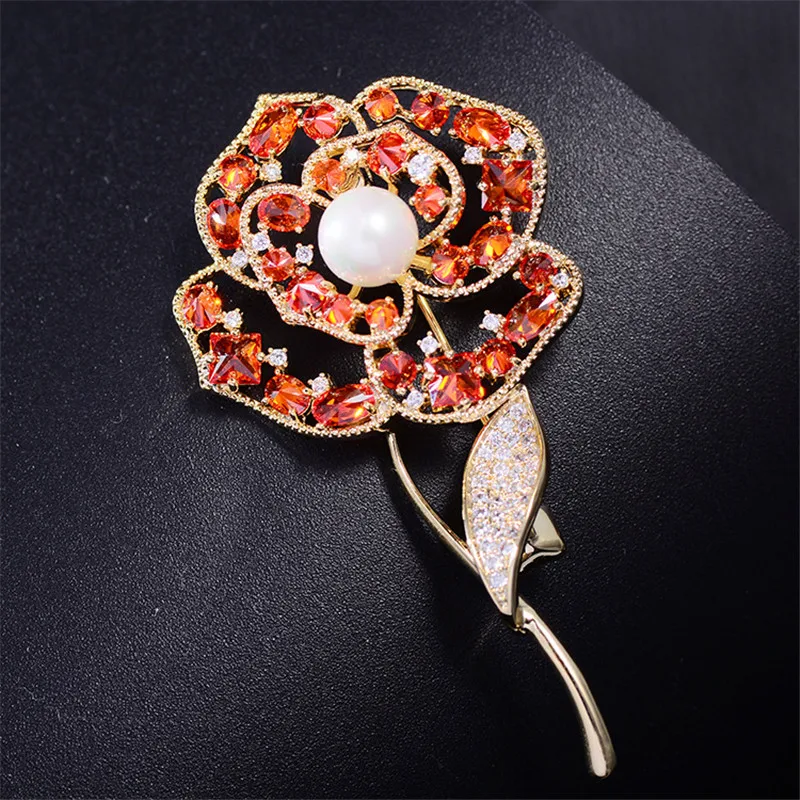 

Luxury AAA Zircon Red Rhinestone Flowers Pearl Brooch Crystal Enamel Pins and Brooches for Women Jewelry Lapel Pin Men Suit