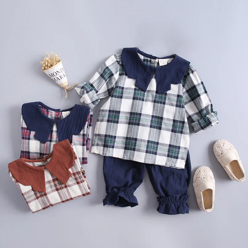 

2019 Spring CHILDREN'S Suit Hoodie Spring And Autumn Set Cotton Linen Girls Plaid Peter Pan Collar Childrenswear