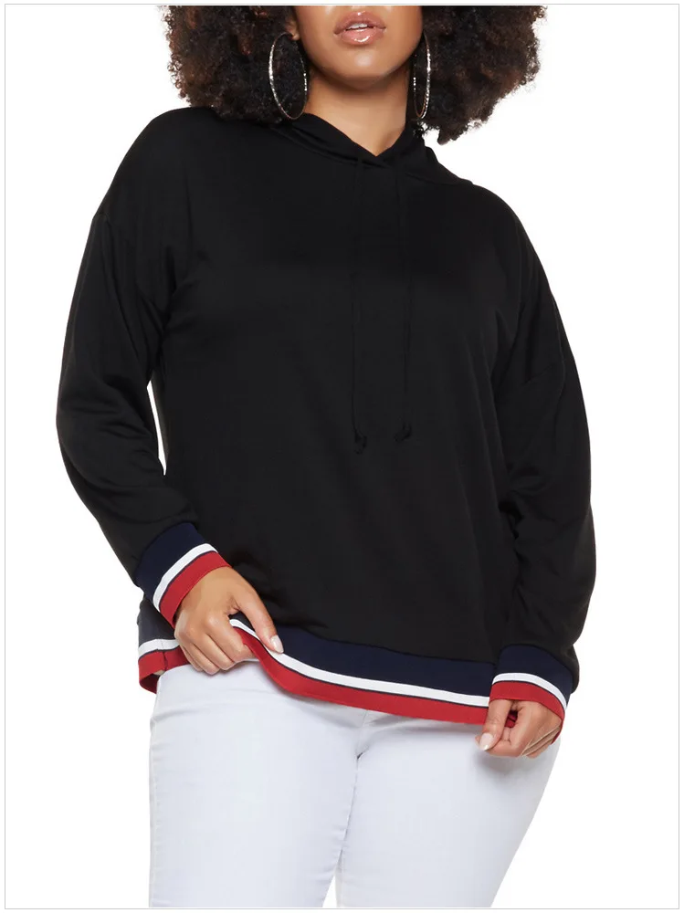 Tricolor Striped Trim Plus Size Hoodie Large Women's Blouse Stripe Long Sleeve Loose Hat Guard
