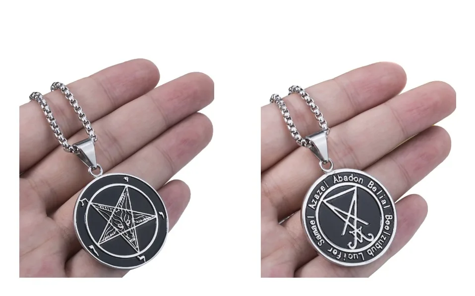 Для мужчин Нержавеющая сталь кулон ожерелье печатка сатаны sigil of Lucifer обе стороны Бафомет Коза дьявол с изображением перевернутой пентаграммы цепи