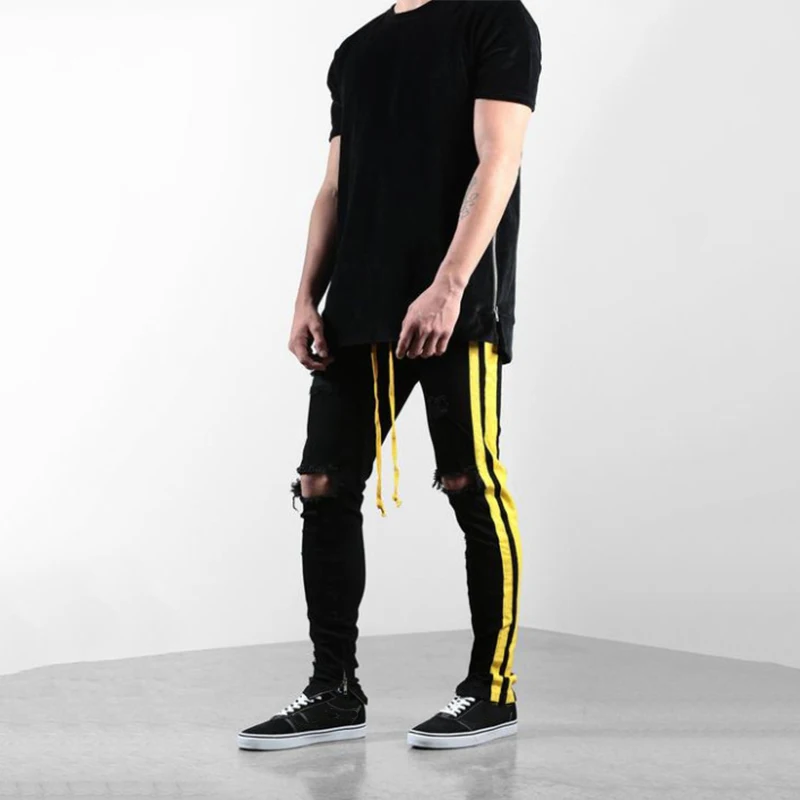 KENNTRICE мужские обтягивающие джинсы с боковой желтой полоской, уличная одежда, черные джинсовые штаны, рваные джинсы для мужчин