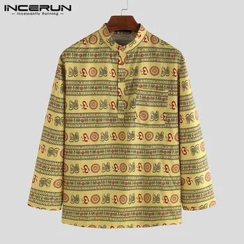 

INCERUN Long Sleeve Shirt Men Printing Stand Collar 2020 Button Brand Shirts Men Polyester Streetwear Ethnic Casual Blouse 3XL 7
