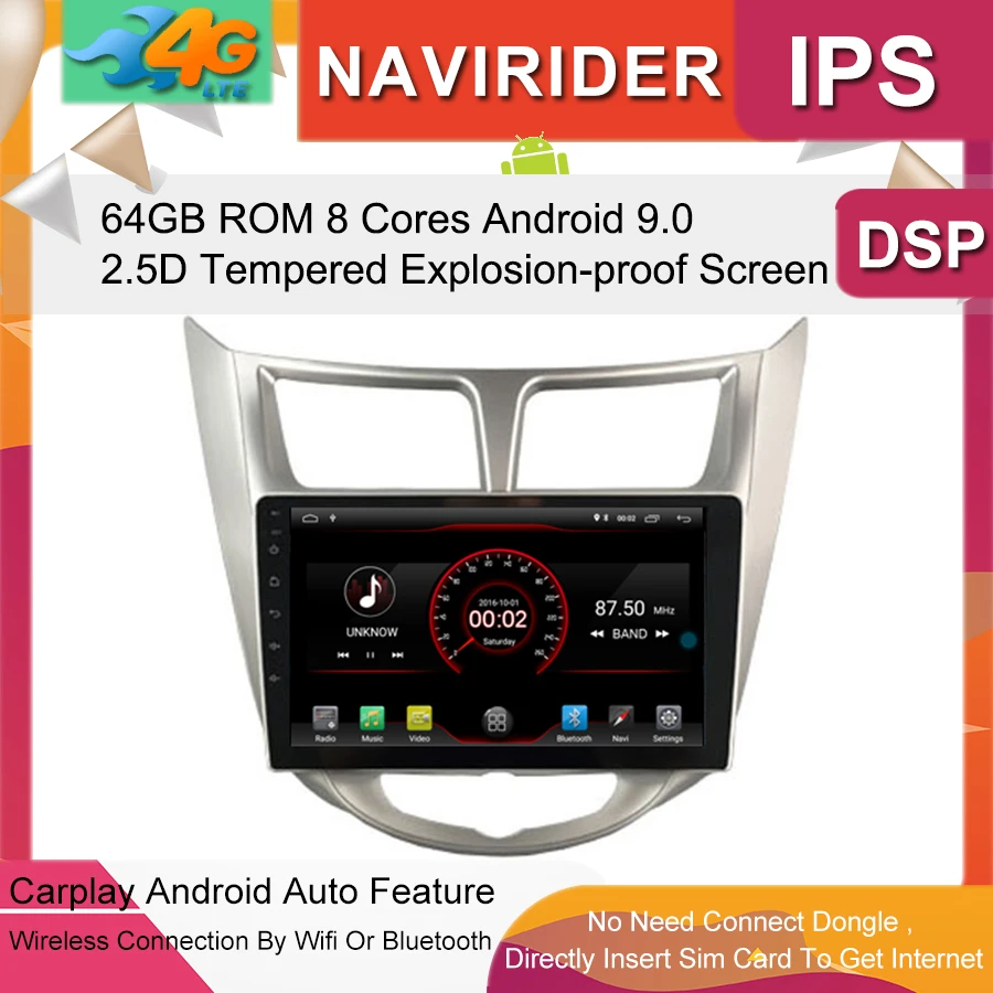 Автомобильный мультимедийный плеер 9 дюймов ips экран монитор gps магнитофон Bluetooth Android 9,0 для HYUNDAI акцент Верна Solaris 2011