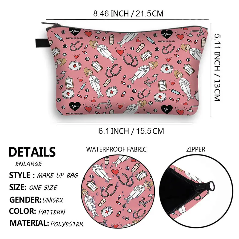 Nurse ECG Printing Cosmetic Bag Hot Sale Cartoon Doctor Woman Coin Purse Cosmetic Storage Bag Travel Cosmetic Case 2