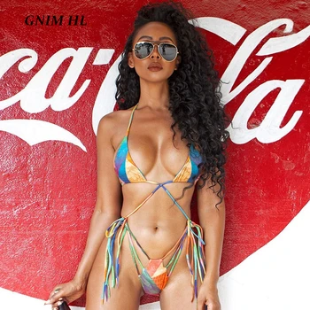 

GNIM Sexy Triangle Bikini Swimwear Women 2020 Bandage Thong Swimsuit Female Two Piece High Cut Patchwork Swimming Suit For Women