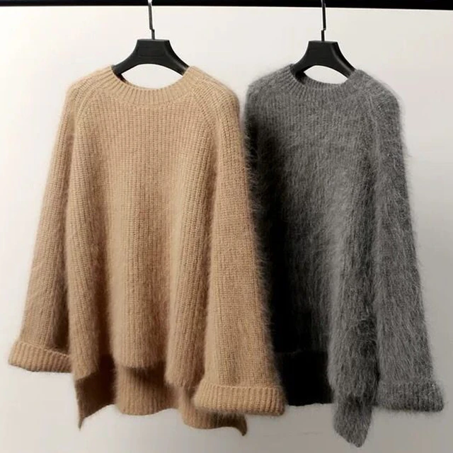 Women Faux Mink Fur Tops Solid Round Neck Pullover Knitwear Loose Furry  Sweater