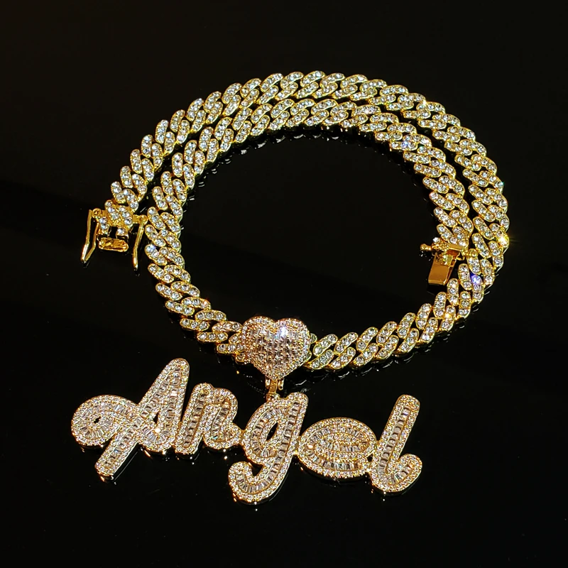 Grandbling Custom Name Necklace with Heart Rhinestone Cuban Chain Word Necklace  Iced Out CZ Personalized Hiphop Jewelry classic moroccan caftan dress waist belt gold plated with rhinestone middle east muslim wedding belts ethnic birdal chain belts