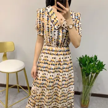 

2020 women Fashion Summer dress Peter pan collar Short sleeve Empire long female European American Ankle-length Silk high dress