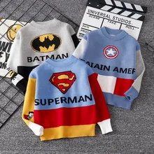 Осенне-зимний вязаный свитер для маленьких мальчиков; повседневные пуловеры с рисунком мультяшный супергерой; теплые хлопковые детские свитера; плотные свитера