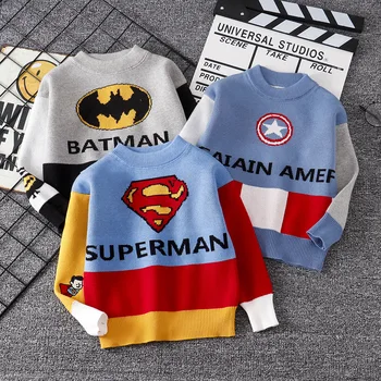 

Autumn Winter Knitted Toddler Boy Sweater Casual Cartoon Super Hero Pattern Pullovers Warm Cotton Kids Sweaters Thick Sweaters